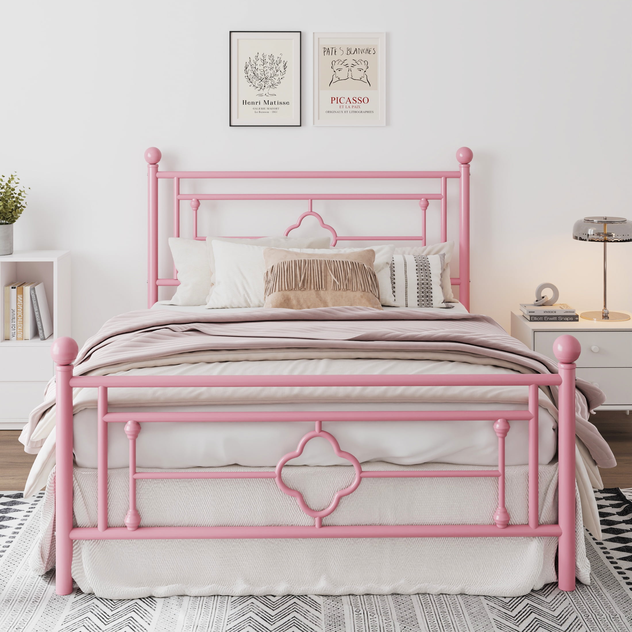 Pink Queen Metal Platform Bed Frame with Vintage Headboard and Footboard