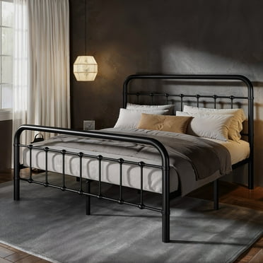 Amolife Queen Size Metal Platform Bed Frame with Vintage Headboard&Footboard, Black