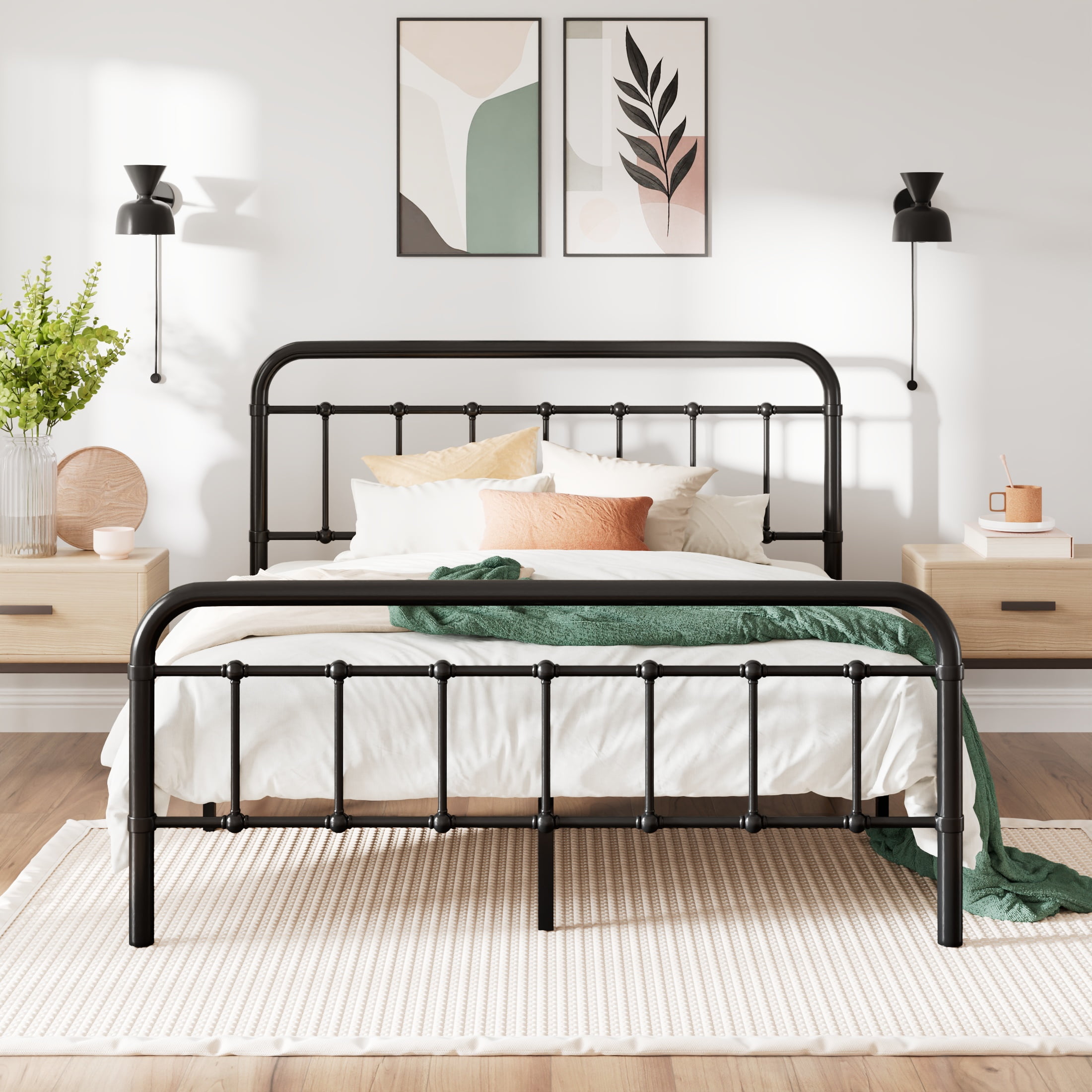Amolife Queen Size Metal Platform Bed Frame with Vintage Headboard