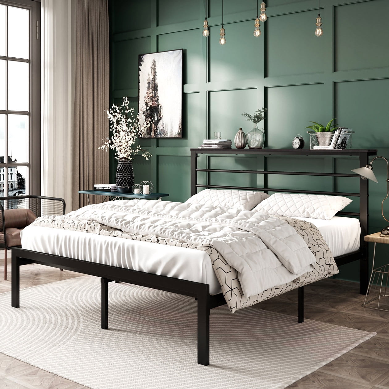 Amolife Queen Size Metal Platform Vintage Bed Frame with Storage Headboard Shelf, Black Oak
