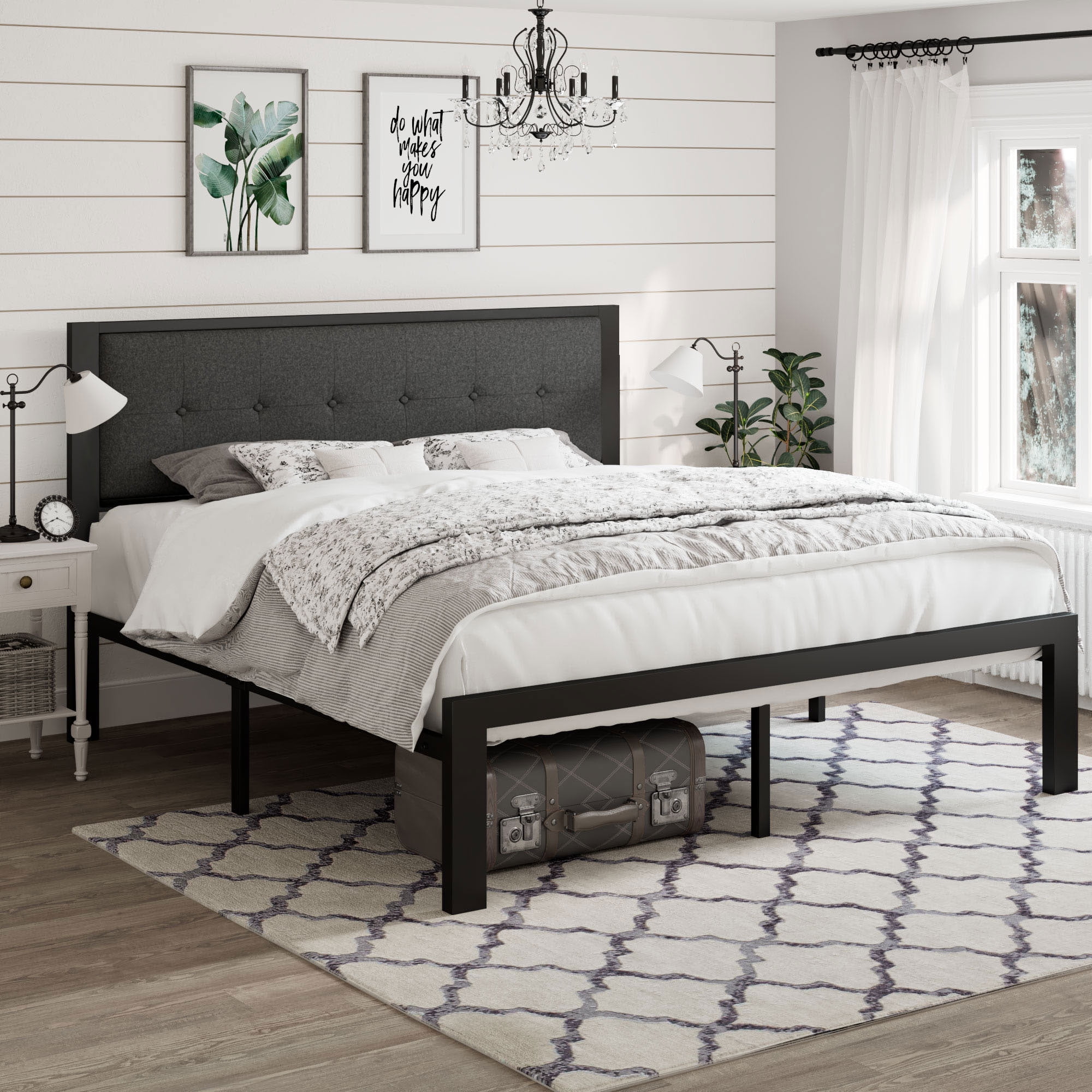 Amolife Queen Size Metal Platform Bed with Upholstered Button Tufted Headboard and 16 Strong Steel Slats Dark Grey