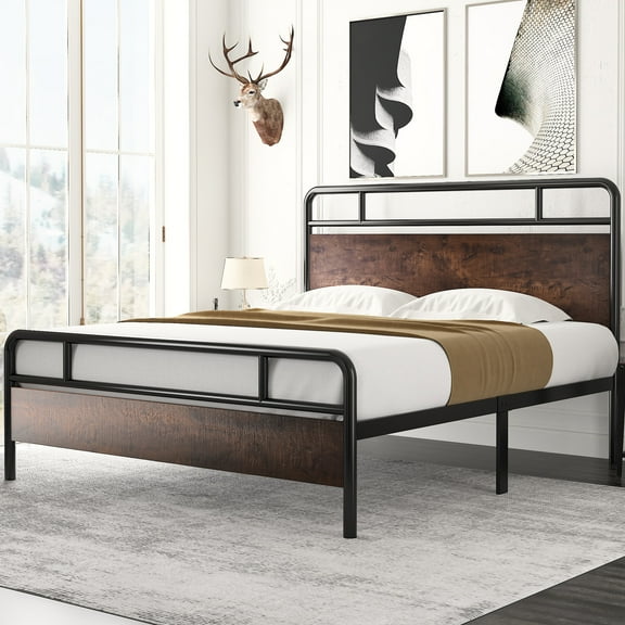 Amolife Queen Size Modern Heavy Duty Metal Platform Bed Frame with Modern Wood Headboard, Sanders, Dark Brown