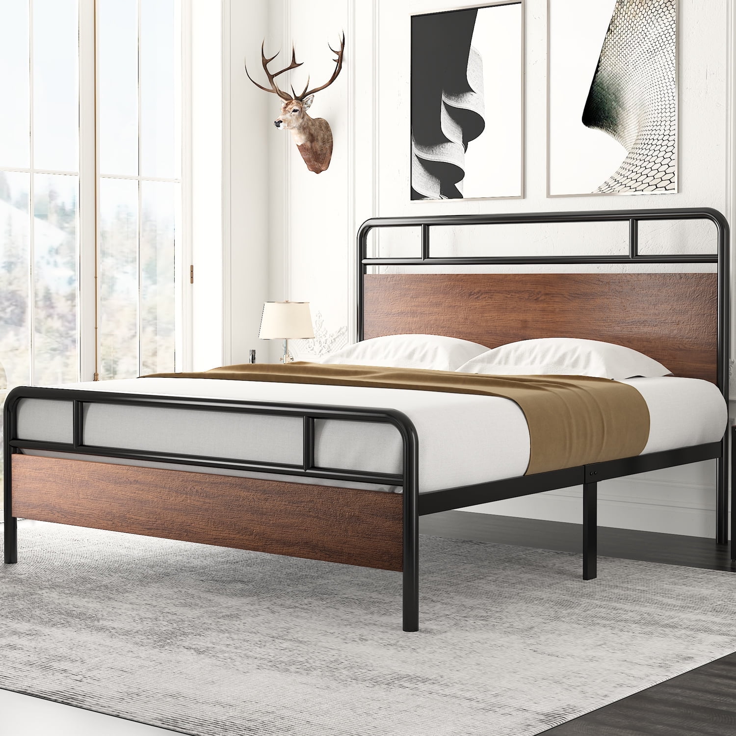 Amolife Queen Size Modern Heavy Duty Metal Platform Bed Frame with Modern Wood Headboard, Walnut, Brown