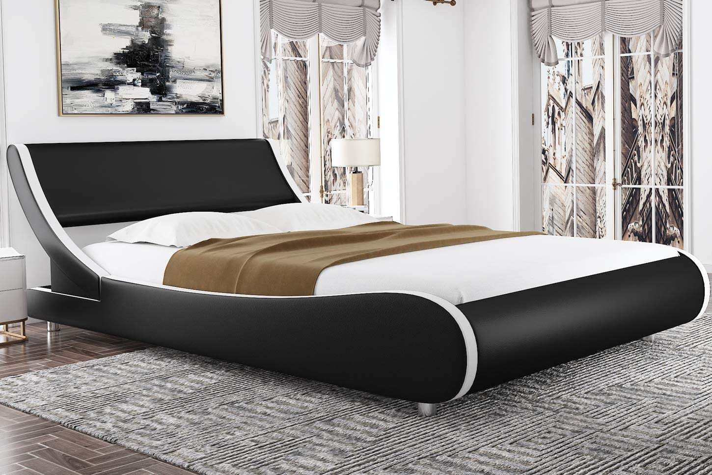 Amolife Queen Size Modern Platform Bed Frame with Adjustable Headboard Faux Leather Black with White Border