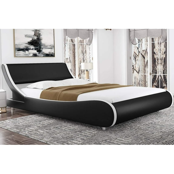 Amolife Queen Size Modern Platform Bed Frame with Adjustable Headboard, Faux Leather, Black with White Border