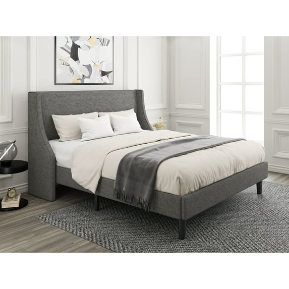 Amolife Full Size Modern Platform Upholstered Bed Frame with Deluxe Wingback, Deep Grey