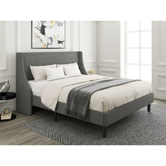 Amolife Full Size Modern Platform Upholstered Bed Frame with Deluxe Wingback, Deep Grey