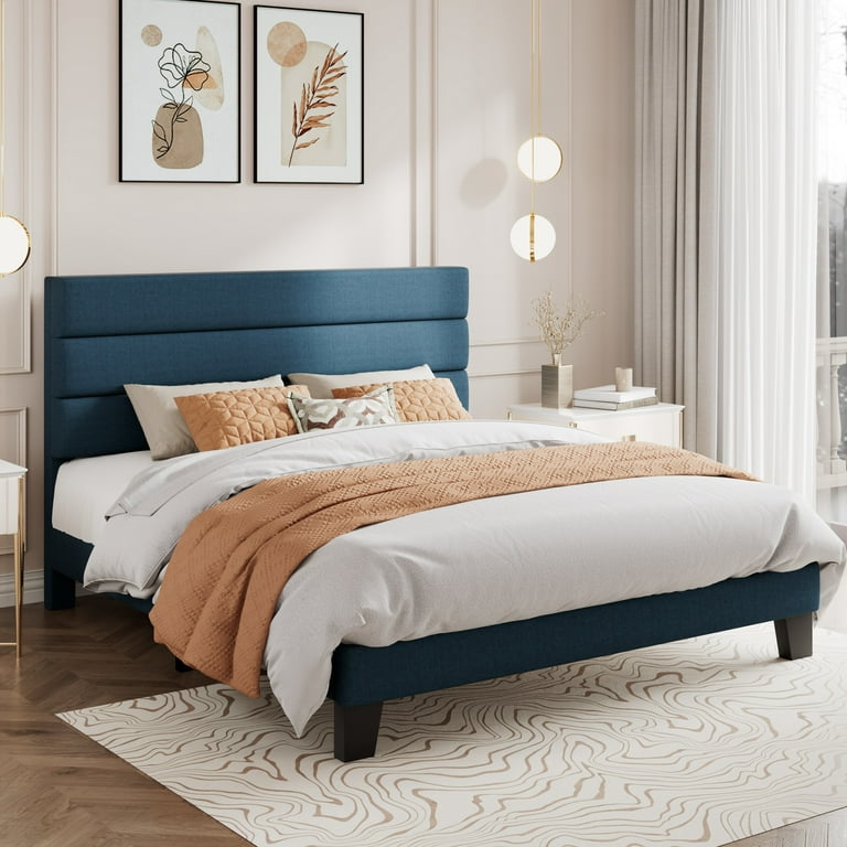 Amolife Queen Size Navy Blue Fabric Upholstered Platform Bed Frame