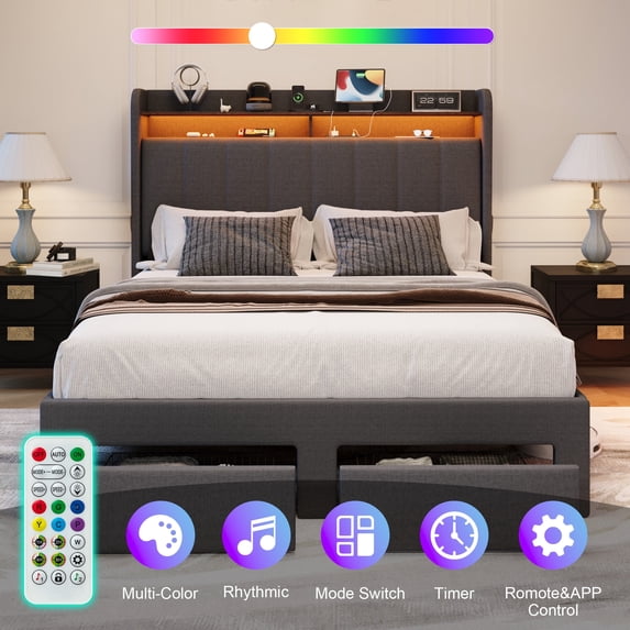 Amolife Queen Size Platform Bed Frame with 2-Tier LED Storage Fabric Wingback Headboard & 2 Storage Drawers, USB & Type-C Charging Ports, Dark Grey