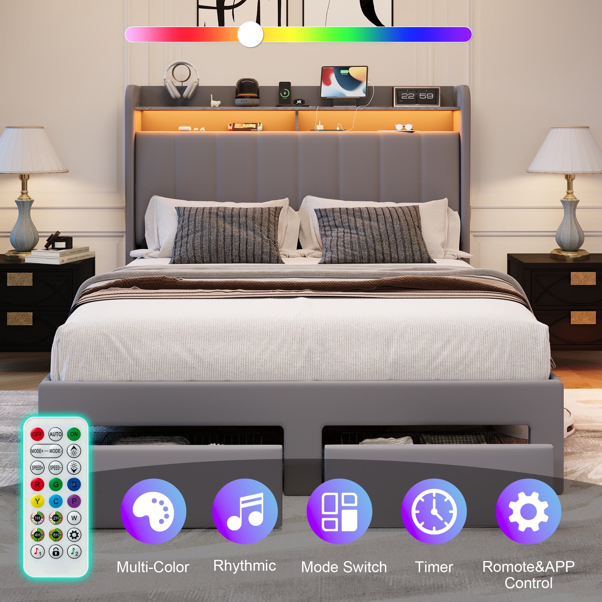 Amolife Queen Size Platform Bed Frame with 2-Tier LED Storage Velvet Wingback Headboard & 2 Storage Drawers, USB & Type-C Charging Ports, Light Grey