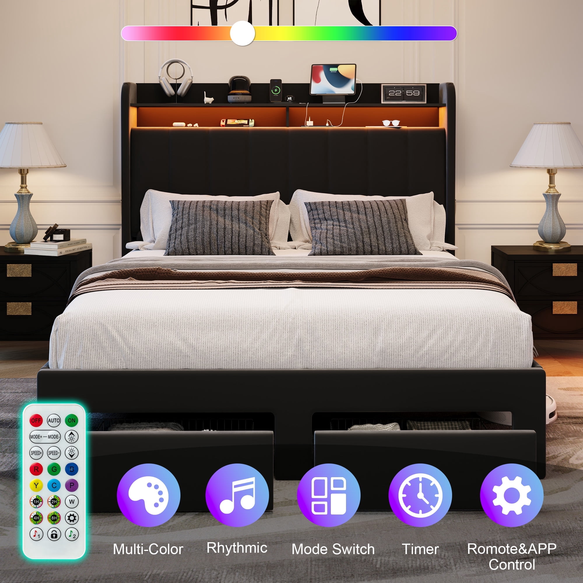 Amolife Queen Size Platform Bed Frame with 2-Tier LED Storage Velvet Wingback Headboard & 2 Storage Drawers, USB & Type-C Charging Ports, Black