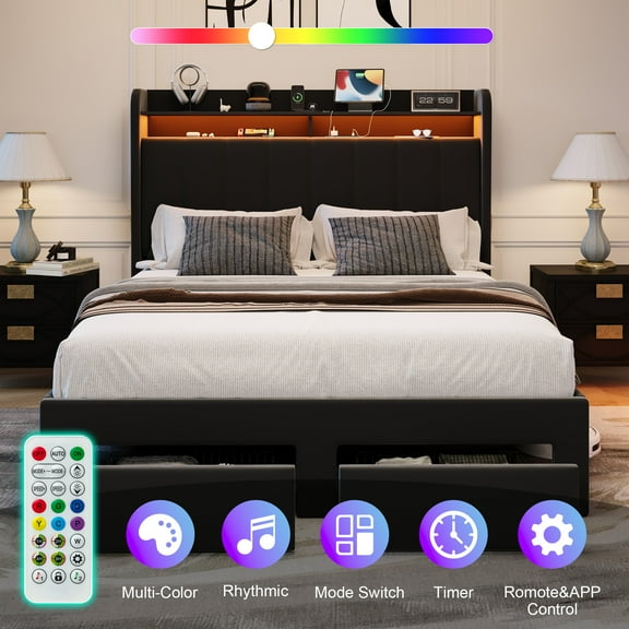 Amolife Queen Size Platform Bed Frame with 2-Tier LED Storage Velvet Wingback Headboard & 2 Storage Drawers, USB & Type-C Charging Ports, Black