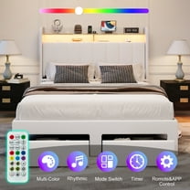 Amolife Queen Size Platform Bed Frame with 2-Tier LED Storage Velvet Wingback Headboard & 2 Storage Drawers, USB & Type-C Charging Ports, White
