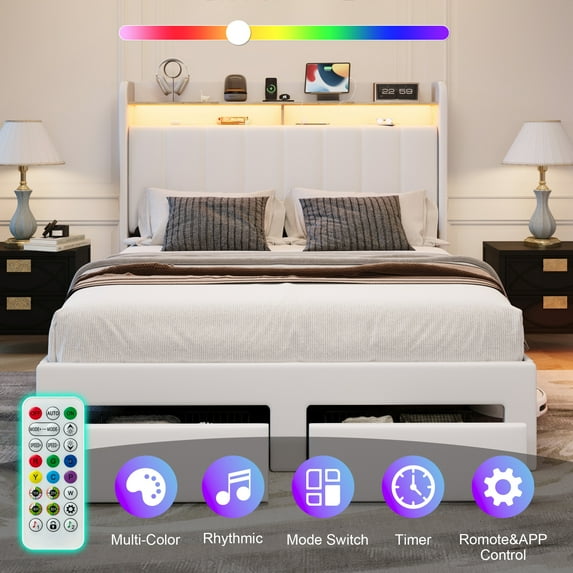 Amolife Queen Size Platform Bed Frame with 2-Tier LED Storage Velvet Wingback Headboard & 2 Storage Drawers, USB & Type-C Charging Ports, White