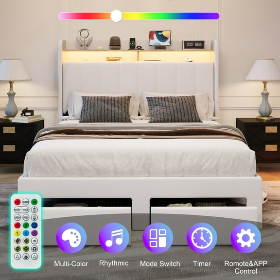 Amolife Queen Size Platform Bed Frame with 2-Tier LED Storage Velvet Wingback Headboard & 2 Storage Drawers, USB & Type-C Charging Ports, White