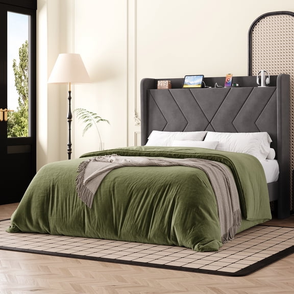 Amolife Queen Size Platform Bed Frame with 4-in-1 Charging Station & Storage Shelf, Upholstered Velvet Wingback Headboard, Gray