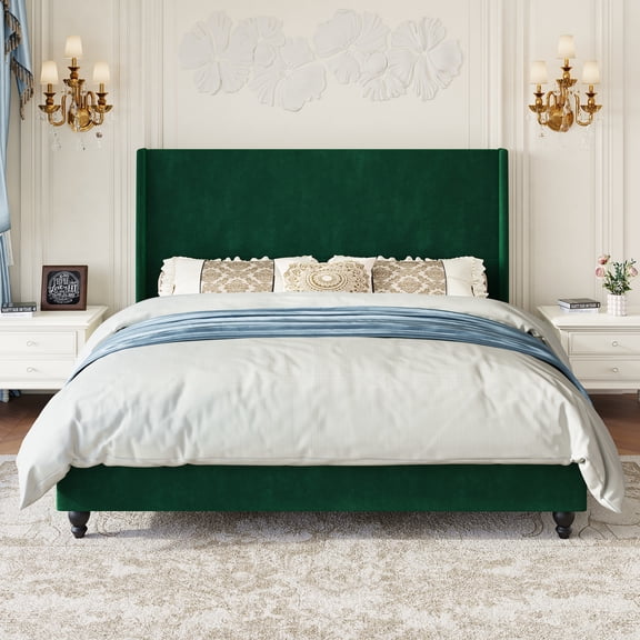 Amolife Queen Size Platform Bed Frame with 51" Tall Wingback Headboard, Ultra Velvet, Heavy Duty, Green