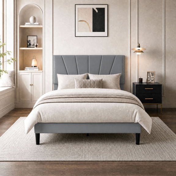 Amolife Queen Size Platform Bed Frame with Adjustable Velvet Upholstered Headboard, Gray