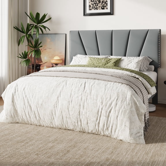 Amolife Queen Size Platform Bed Frame with Adjustable Velvet Upholstered Headboard, Gray