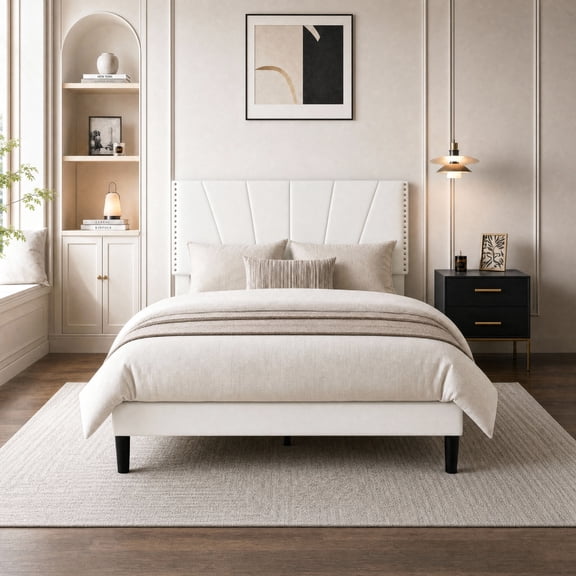 Amolife Queen Size Platform Bed Frame with Adjustable Velvet Upholstered Headboard, White