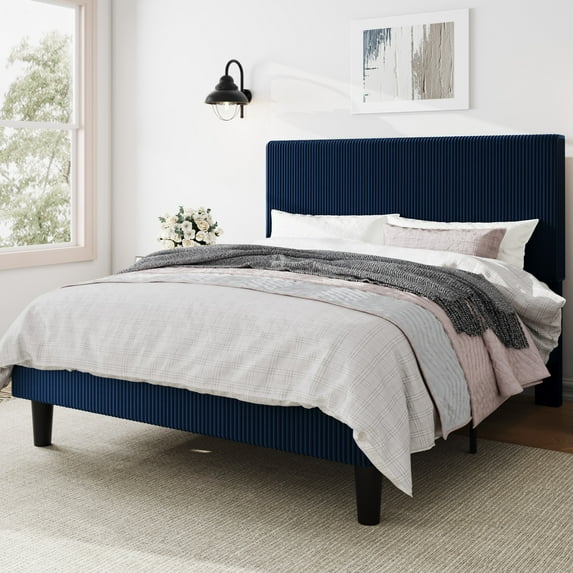 Amolife Queen Size Platform Bed Frame with Corduroy Fabric Upholstered Adjustable Height Headboard, Dark Blue