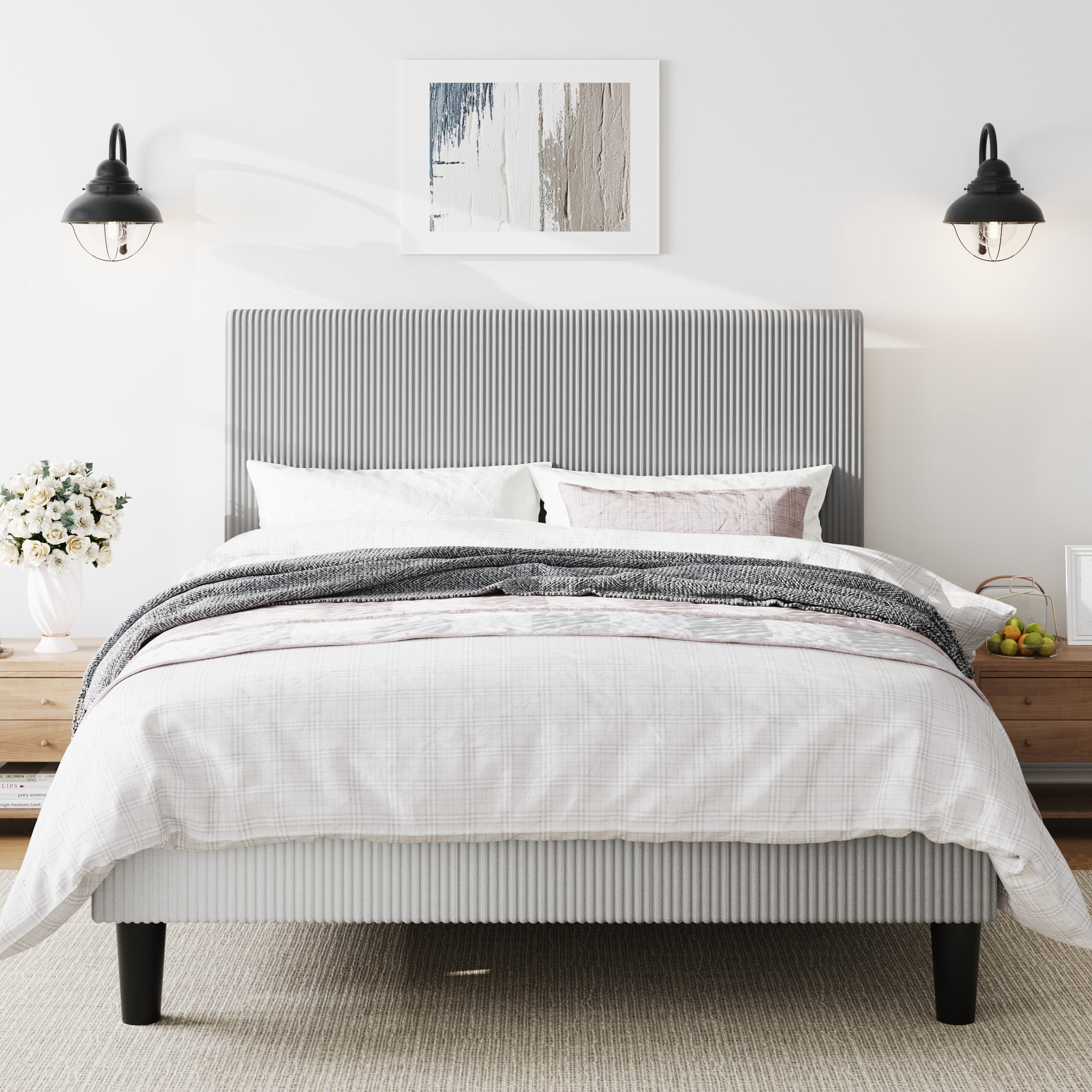 Amolife Queen Size Platform Bed Frame with Corduroy Fabric Upholstered Adjustable Height Headboard, Light Grey