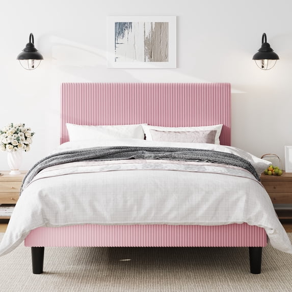 Amolife Queen Size Platform Bed Frame with Corduroy Fabric Upholstered Adjustable Height Headboard, Pink
