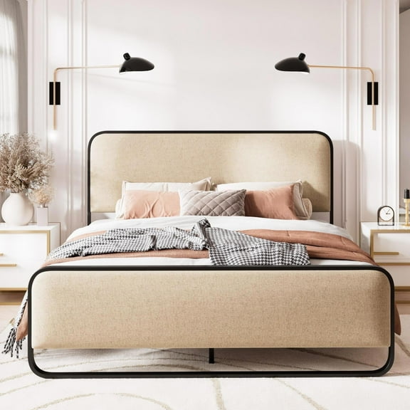 Amolife Queen Size Platform Bed Frame, Upholstered Bed with Fabric Curved Headboard & Footboard, No Box Spring Needed, 1000 LBS Capacity, Beige