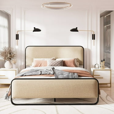Amolife Queen Size Platform Bed Frame with Curved Upholstered Headboard & Footboard, Beige