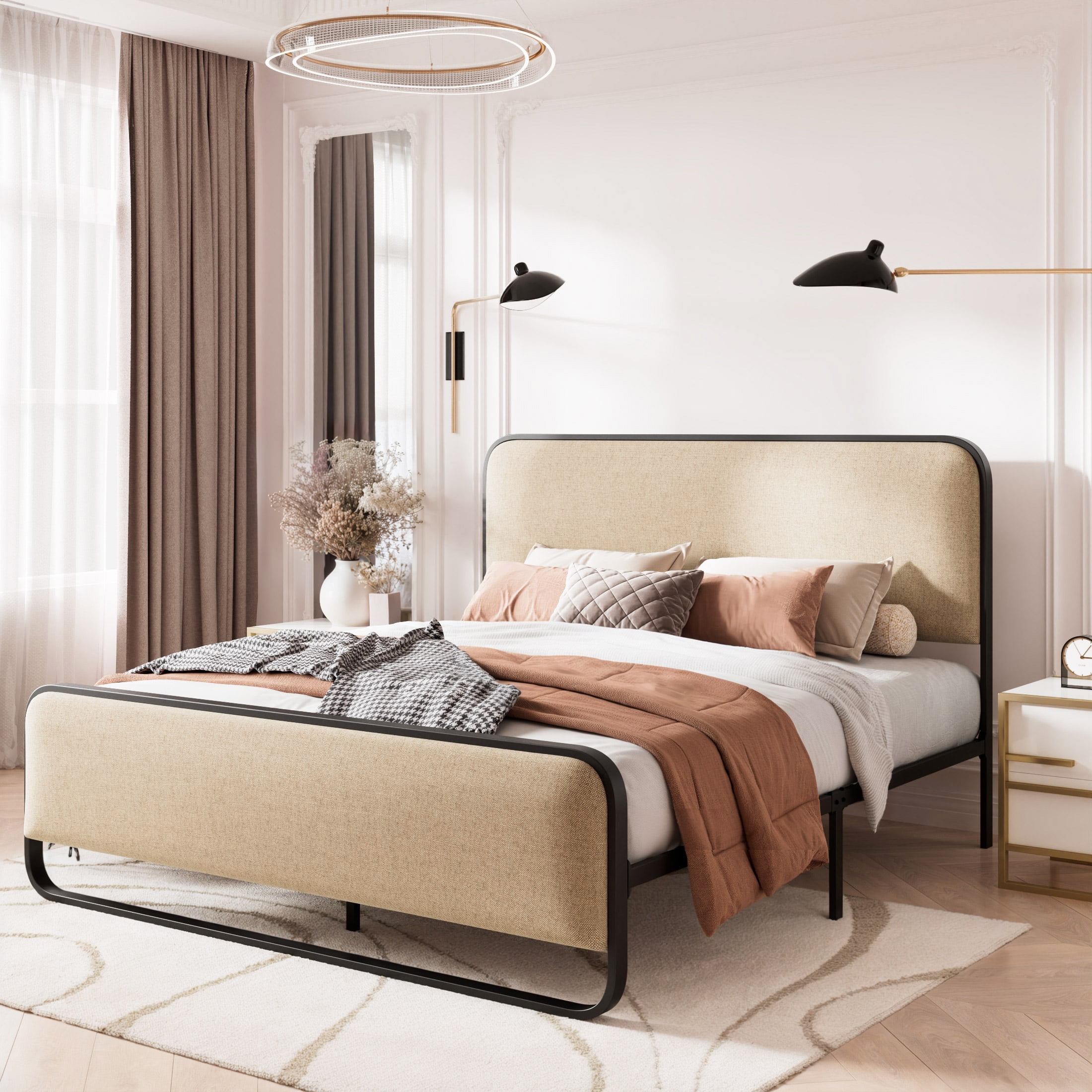 Amolife Queen Size Platform Bed Frame with Curved Upholstered Headboard