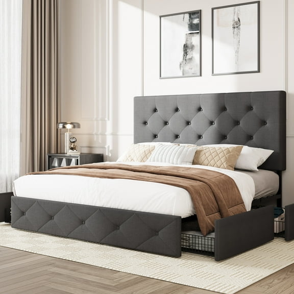 Amolife Queen Size Platform Bed Frame with Diamond-stitched Headboard and 4 Drawers, Dark Gray