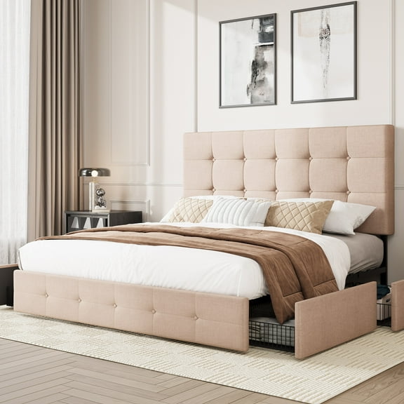 Amolife Queen Size Platform Bed Frame with Square-stitched Headboard and 4 Drawers, Beige