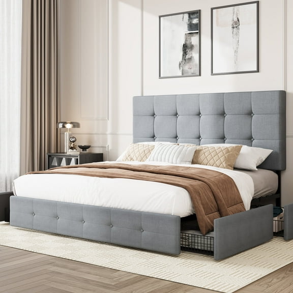 Amolife Queen Size Platform Bed Frame with Square-stitched Headboard and 4 Drawers, Light Gray