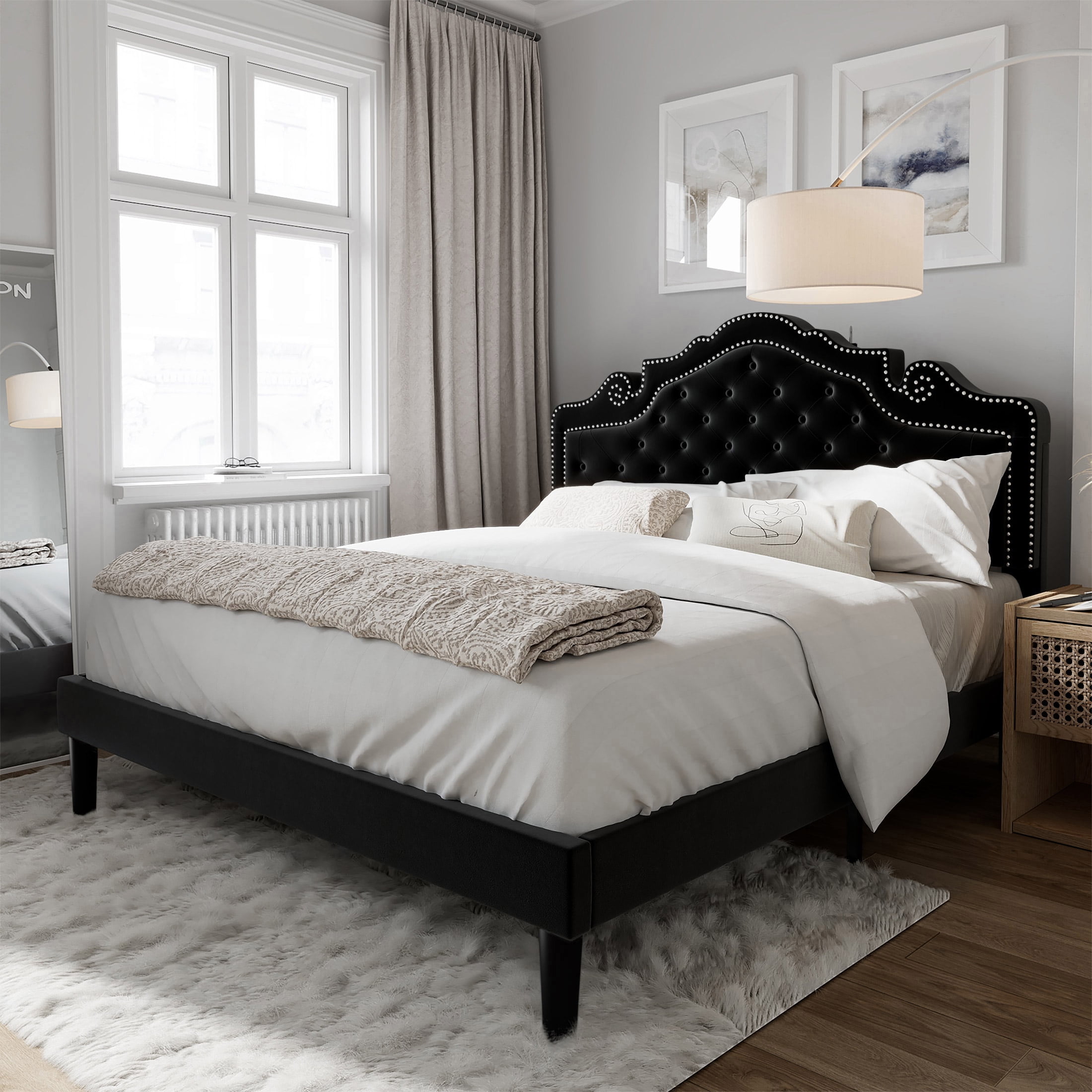 Amolife Queen Size Platform Bed Frame with Upholstered Headboard, Black