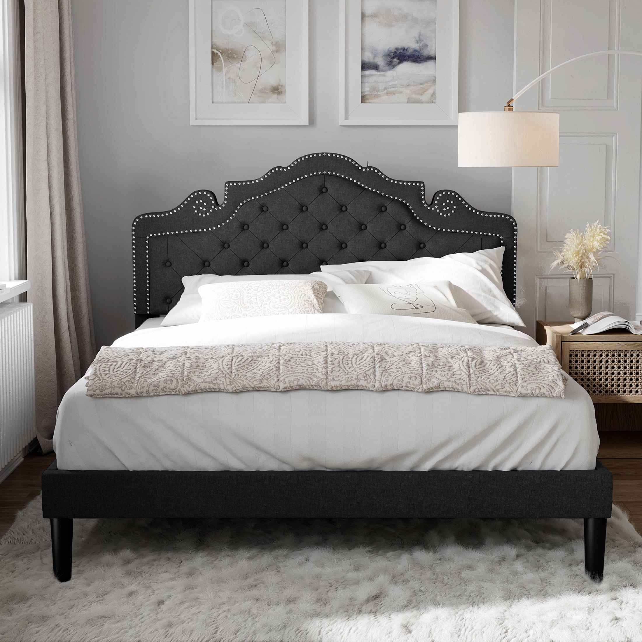 Amolife Queen Size Platform Bed Frame with Upholstered Headboard, Dark