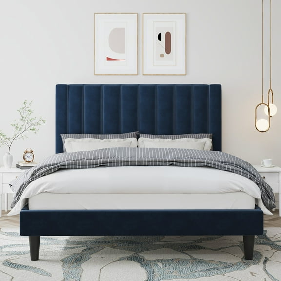 Amolife Queen Size Platform Bed Frame with Upholstered Velvet Channel Headboard, Dark Blue