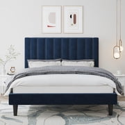 Amolife Queen Size Platform Bed Frame with Upholstered Velvet Channel Headboard, Heavy Duty & Easy Assembly, Dark Blue