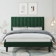 Amolife Queen Size Platform Bed Frame with Upholstered Velvet Channel Headboard, Green