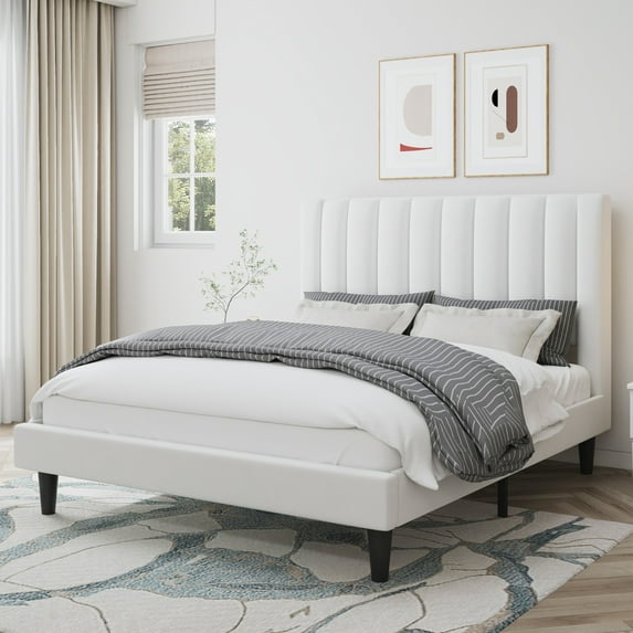 Amolife Queen Size Platform Bed Frame with Upholstered Velvet Channel Headboard, White