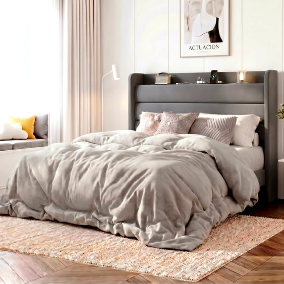 Amolife Queen Size Platform Bed Frame with Upholstered Velvet Wingback Slat Headboard & Built-In Charging Station, Grey