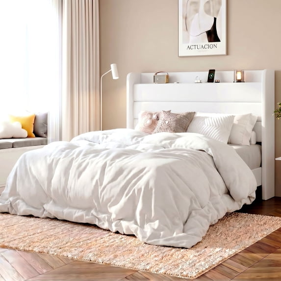 Amolife Queen Size Platform Bed Frame with Upholstered Velvet Wingback Slat Headboard & Built-In Charging Station, White