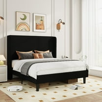 Amolife Queen Size Platform Bed Frame with Velvet Upholstered Wingback Headboard, Black