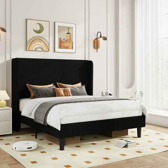 Amolife Queen Size Platform Bed Frame with Velvet Upholstered Wingback Headboard, Black