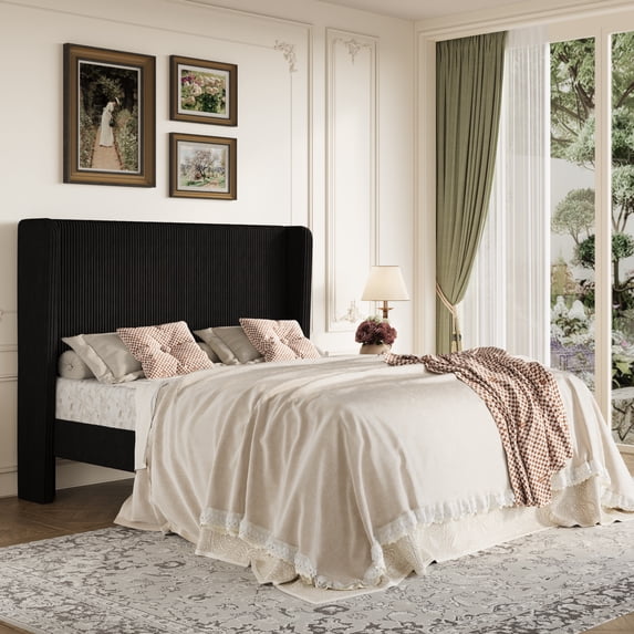 Amolife Queen Size Platform Bed Frame with Velvet Upholstered Wingback Headboard, Black