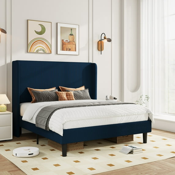 Amolife Queen Size Platform Bed Frame with Velvet Upholstered Wingback Headboard, Dark Blue