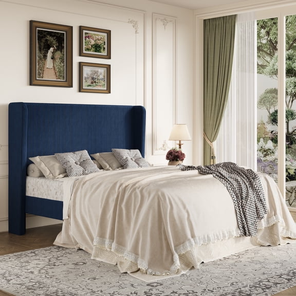 Amolife Queen Size Platform Bed Frame with Velvet Upholstered Wingback Headboard, Dark Blue