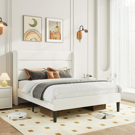 Amolife Queen Size Platform Bed Frame with Velvet Upholstered Wingback Headboard, No Box Spring Needed, Off-white
