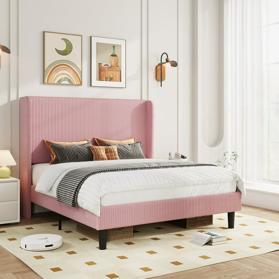 Amolife Queen Size Platform Bed Frame with Velvet Upholstered Wingback Headboard, Pink