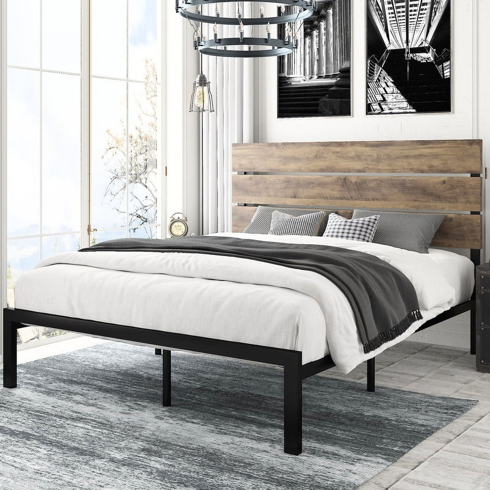 Amolife Queen Size Platform Bed Frame with Wood Headboard,Rustic