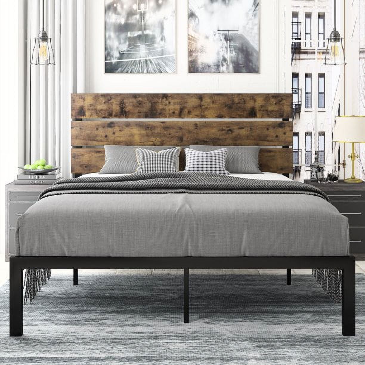 Amolife Queen Size Platform Bed Frame with Wood headboard and Metal